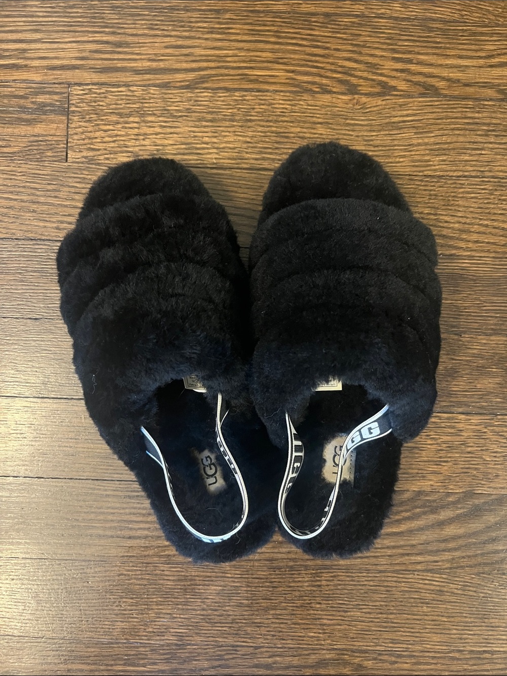 UGG Black Shearling Slide Sandals with Branded Heel Strap